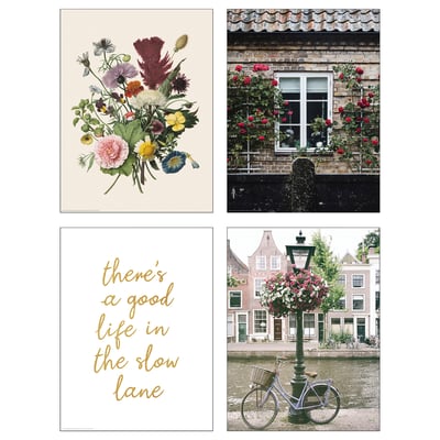 Four-panel collage: floral, building, quote, bike & canal.