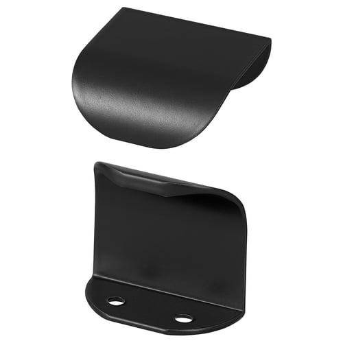 Two sleek, black, curved BILLSBRO handles made of aluminium with powder coating, shown from different angles.