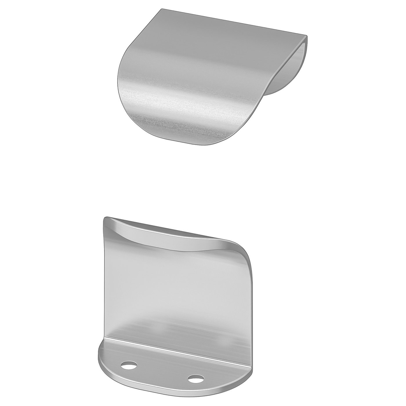 Silver screws-on handle pair with sleek curved design; suits modern kitchen decor.