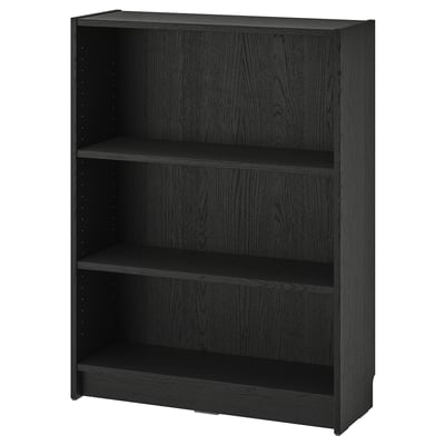 Black BILLY bookcase with three shelves, simple and modern design.