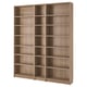 An empty BILLY bookcase. It is light brown, wooden, and rectangular with six open shelves. The design is simple and functional.