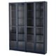 A BILLY bookcase in dark blue, featuring four glass doors and multiple shelves for storage.