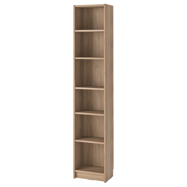 This tall, light brown BILLY bookshelf five open shelves, perfect for home storage. Its simple, sleek design suits any room.