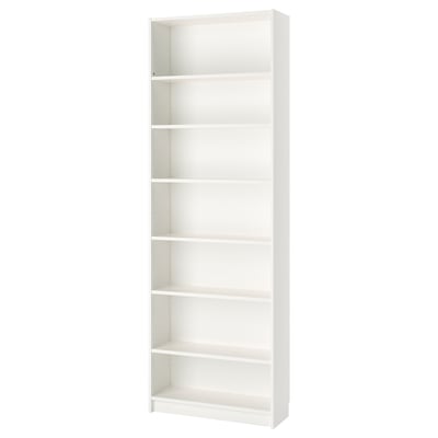 A white BILLY bookcase with adjustable shelves for flexible storage. It stands tall and narrow, ideal for limited spaces.