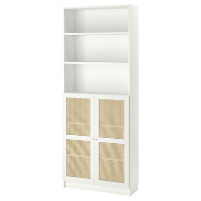 White BILLY bookcase with bamboo doors, three open shelves, sleek design.