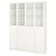 White BILLY bookcase with glass doors, clean design, adjustable shelves.