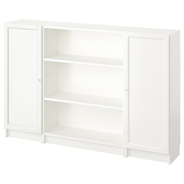 White BILLY bookcase, minimalist design, three shelves, glass doors, rectangular shape.