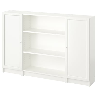 White BILLY bookcase, minimalist design, three shelves, glass doors, rectangular shape.