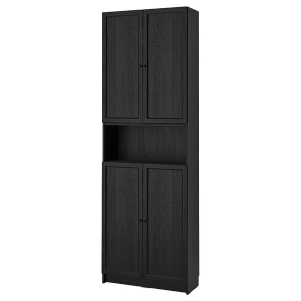 Tall black BILLY bookcase with closed and open storage, simple and timeless design.
