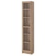 A BILLY bookshelf, tall, narrow, empty, light brown, wooden with glass doors.