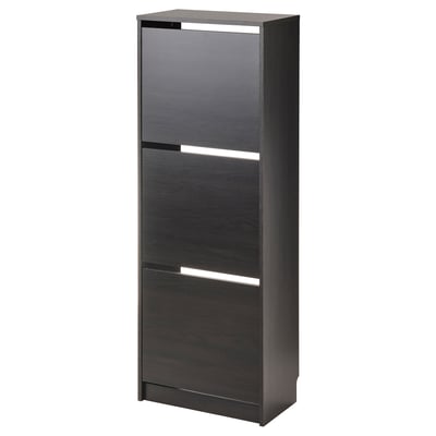 BISSA black shoe cabinet, slim & functional, wall-mounted, 3 sections, dark wood-like finish, plastic handles.