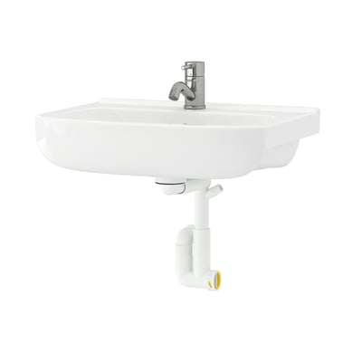Displays a white BJÖRKÅN wall-mounted bathroom sink with a chrome tap.