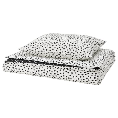 BJÖRKGRÅMAL bedding set: white with black dots, soft cotton-viscose, rectangular, neatly folded.
