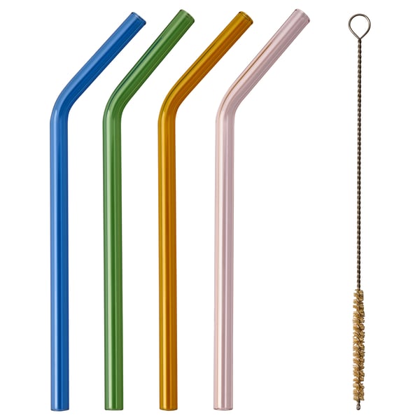 Four colourful glass straws with a cleaning brush.