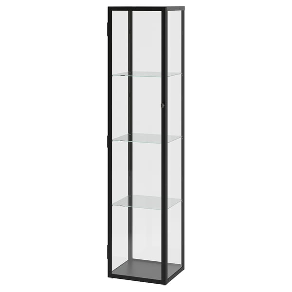 Black glass-door cabinet with four clear shelves, includes led spotlight.