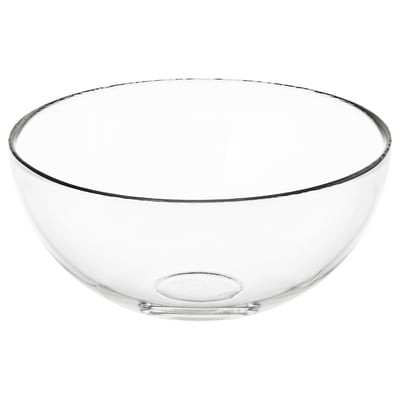 Clear glass bowl, simple design, round shape, transparent.