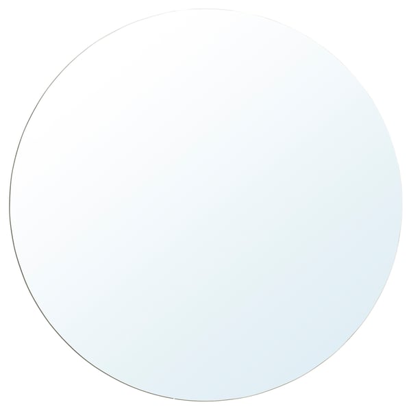 Round, clear mirror with subtle frame. Perfect for spreading light, suitable for bathrooms.