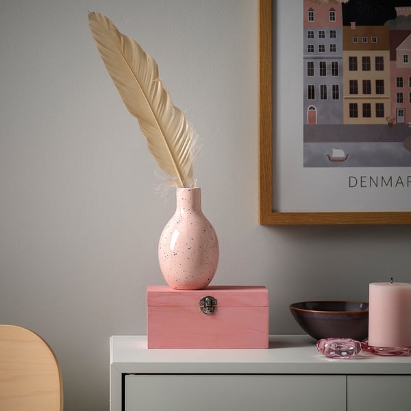 BLODBJÖRK vase with feather on pink box. Decorative, round.