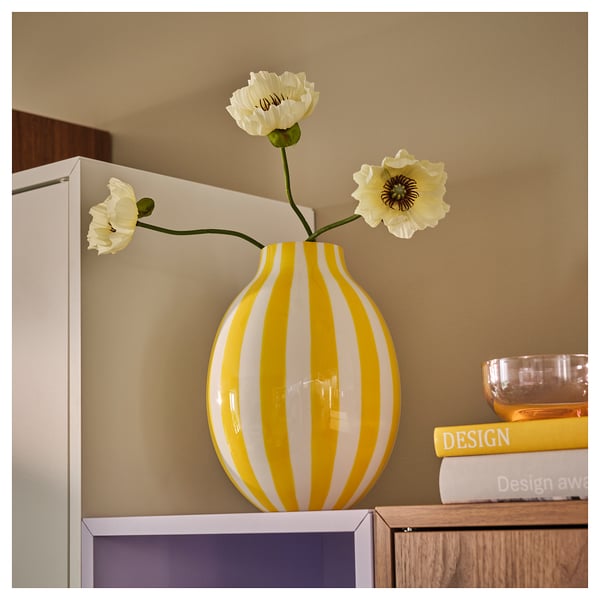 BLODBJÖRK Vase, striped white/yellow, 25 cm
