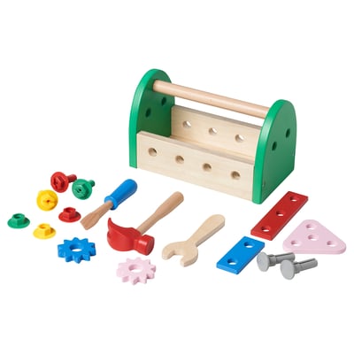 BLOMFLUGA kids toolbox: green & wood, includes colourful tools, blocks, and gears, promoting creativity and motor skills.