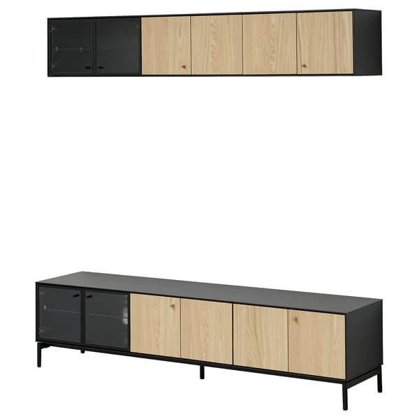 Modern tv bench and wall shelf with sleek design, bi-fold, and glass doors, made of wood and metal, ideal for living room storage.