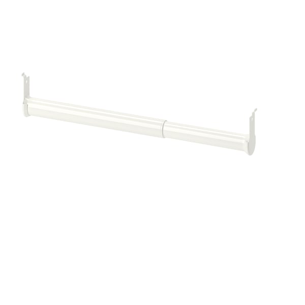 A white BOAXEL adjustable clothes rail, ideal for organising clothes. Its minimalist, rectangular with rounded ends, and easy to mount.