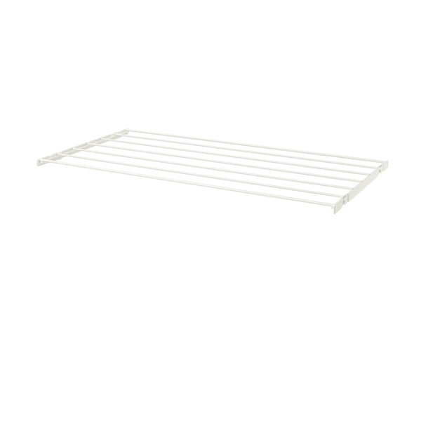 A white BOAXEL drying rack, made of steel, rectangular in shape, with a shelving design, suitable for organising laundry.