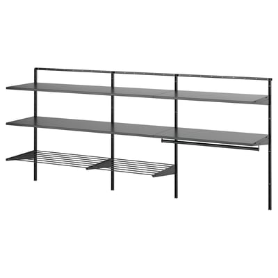 A BOAXEL black wall-mounted storage system with metal shelves and a drying rack, designed for organizing laundry.