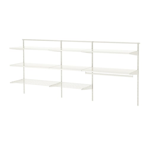 White BOAXEL wall storage system with multiple wire shelves.