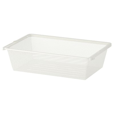 White BOAXEL mesh basket for organising clothes. Rectangular, perforated for air circulation. Made of steel and plastic, slides easily.
