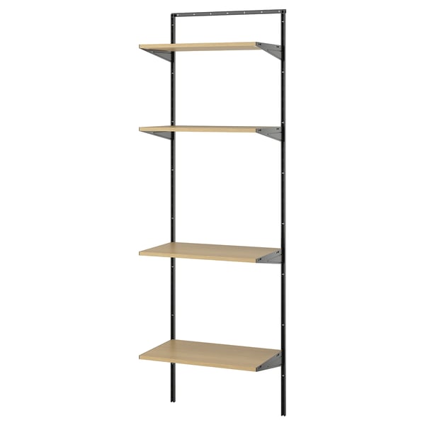 A BOAXEL shelving unit with three wooden shelves and black metal framing. It stands vertically against a wall, offering minimalist storage.