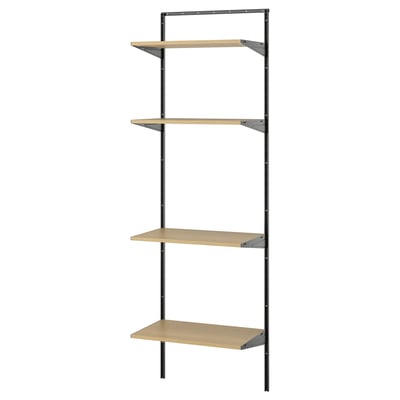 A BOAXEL shelving unit with three wooden shelves and black metal framing. It stands vertically against a wall, offering minimalist storage.
