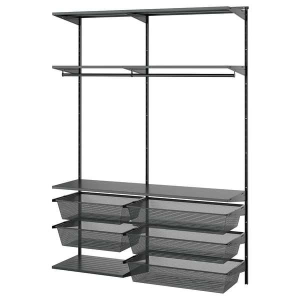 A black BOAXEL wall-mounted storage system with shelves and mesh baskets for organising laundry.