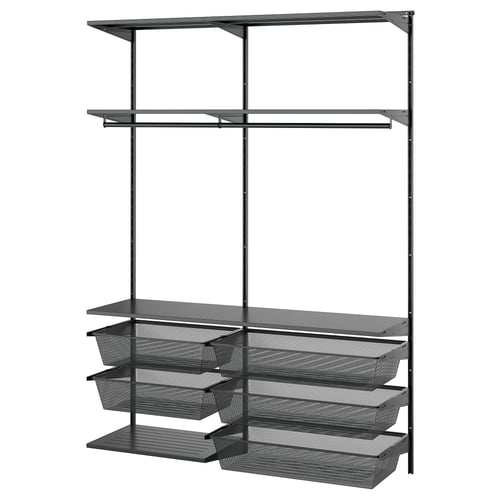 A black BOAXEL wall-mounted storage system with shelves and mesh baskets for organising laundry.