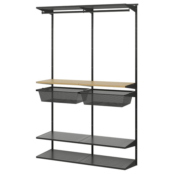 An IKEA BOAXEL dark grey wall-mounted storage system with shelves, hanging rail, and mesh baskets.