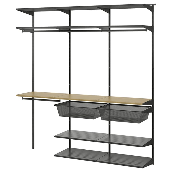 Black BOAXEL wall storage with shelves and hanging rail.
