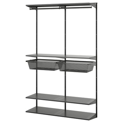BOAXEL: grey wall-mounted storage with metal and mesh baskets, modern design.