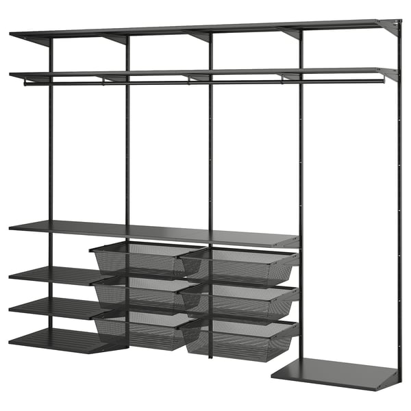 A BOAXEL dark grey wall-mounted storage system, featuring multiple shelves and hanging rods with mesh baskets for optimal organisation.