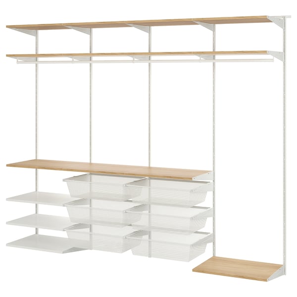 A white BOAXEL storage system with wooden shelves and mesh drawers for organised storage.