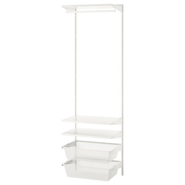 BOAXEL white wall storage, 3 shelves + 2 baskets, metal & wood, vertical design.