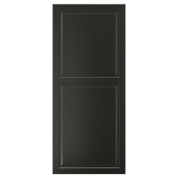 A BODBYN black cabinet door with a smooth, bevelled panel design. Its rectangular and made from fibreboard with polyurethane and acrylic paint.