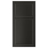 The BODBYN black cabinet door, featuring a classic design with a bevelled panel and smooth lacquered finish.