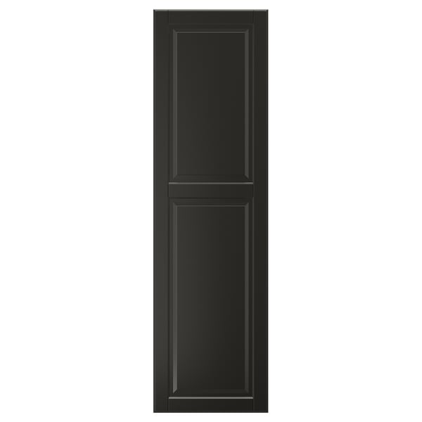 Black BODBYN cabinet door with smooth, lacquered fiberboard and bevelled panels.