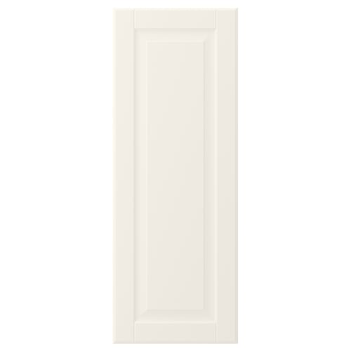 A white BODBYN kitchen cabinet door with a bevelled panel design. The door is rectangular and made from fiberboard with a smooth lacquered finish.
