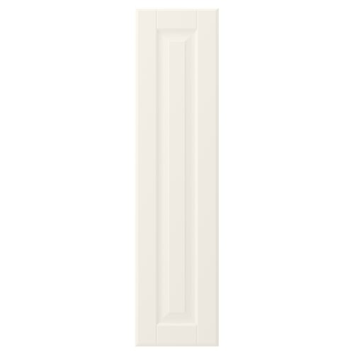A tall, off-white BODBYN cabinet door with a smooth, lacquered finish. It a central bevelled panel, giving it a classic, traditional look.