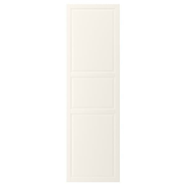 The BODBYN door is off-white, rectangular with bevelled panels, and smooth lacquered finish.