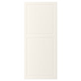 Depicts a white rectangular cabinet door with a bevelled panel in the centre. Made from fibreboard, it smooth, easy-to-clean lacquered surfaces.
