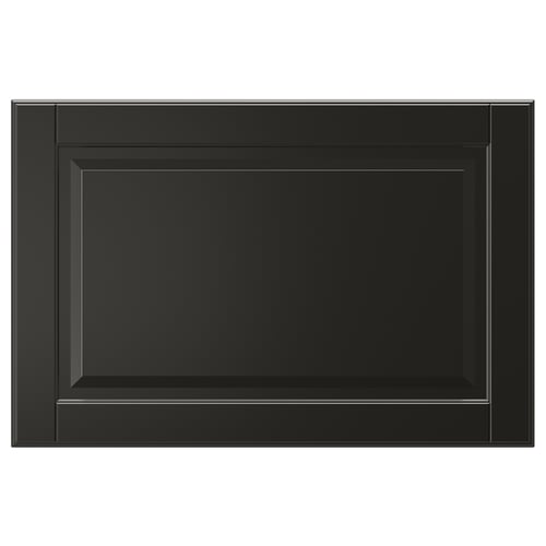 A black, rectangular BODBYN drawer front with a smooth, bevelled panel design made of fibreboard and polyurethane paint.