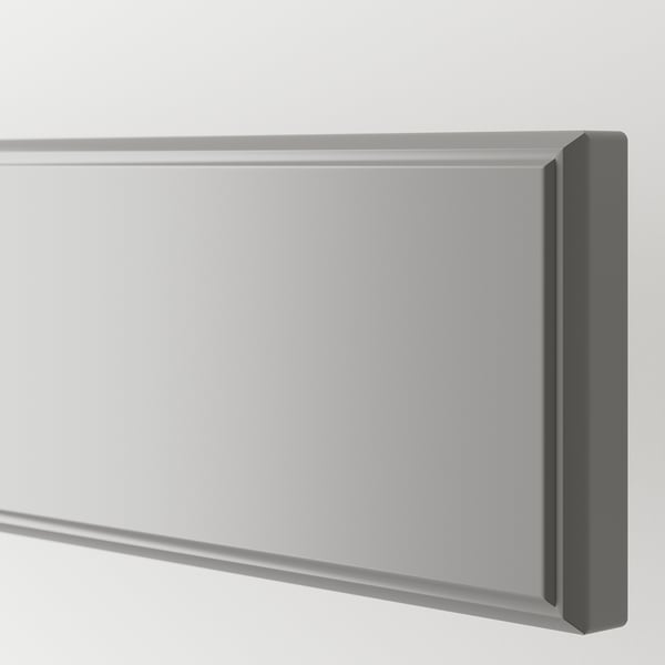 Close-up of modern, sleek, grey kitchen cabinet with smooth, bevelled edge.