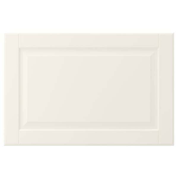 An off-white cabinet door with a bevelled panel, smooth lacquered surface, and traditional design. It is rectangular with a simple frame.